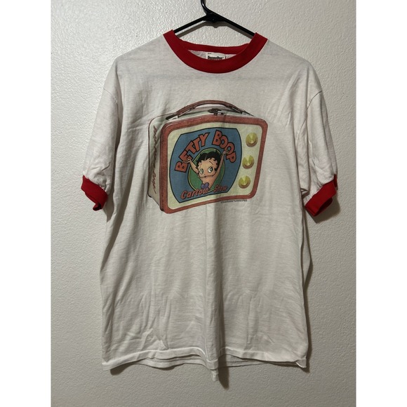 Changes Tops - Vintage Betty Boop Cartoon Show Lunch Box Ringer Style Shirt Women's Size L Red